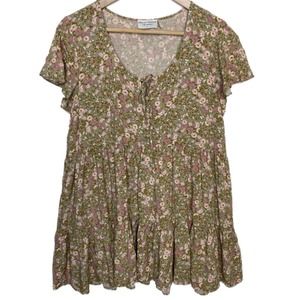 Dress Forum Dress Floral Sage Green Mini Tiered Short Sleeve, size Large